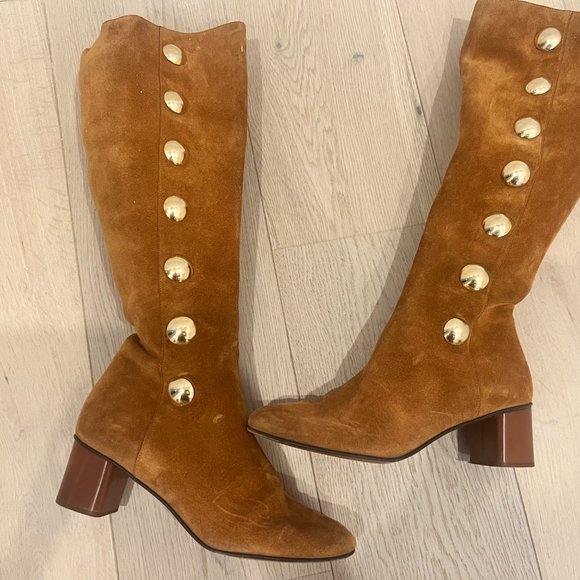 Chloé Suede Gold Button Knee-High Boots - Picture 2 of 6